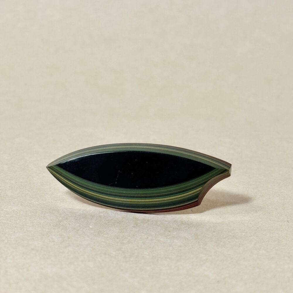 Vintage Japanese Layered Lacquer Leaf Brooch, Dark Green Multi-Color Striped Pin